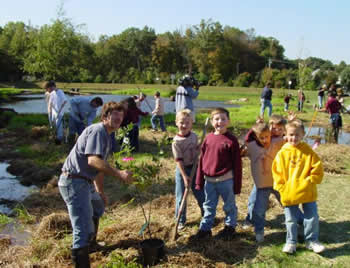 Students working in a wetland