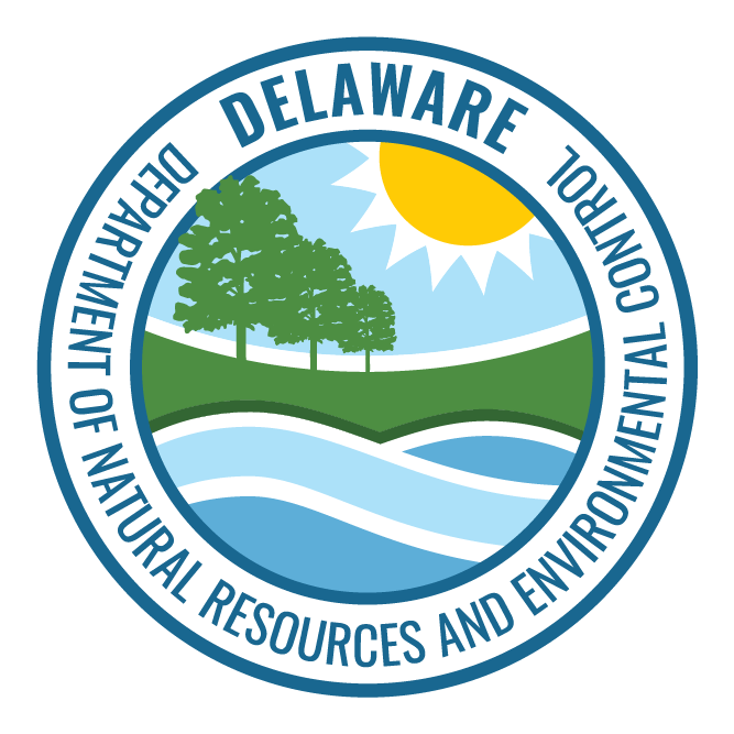 A round graphic with the words Delaware Department of Natural Resources and Environmental Control circling a center showing stylized sun, trees, ground and water.