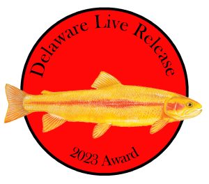 Image of a lapel pin with a fish superimposed on an orange disc.
