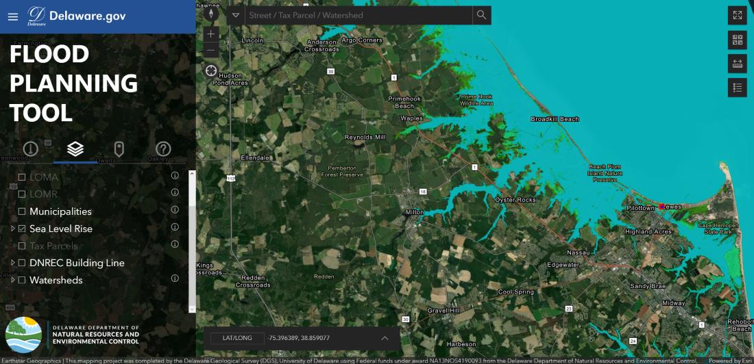 A screenshot of the flood planning tool, showing a map with sea level rise predictions shown.
