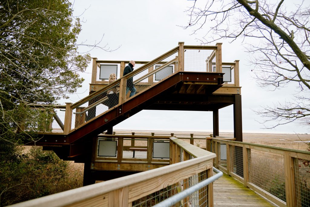 Two people climb the stairs of a wooden wildlife-viewing platform.