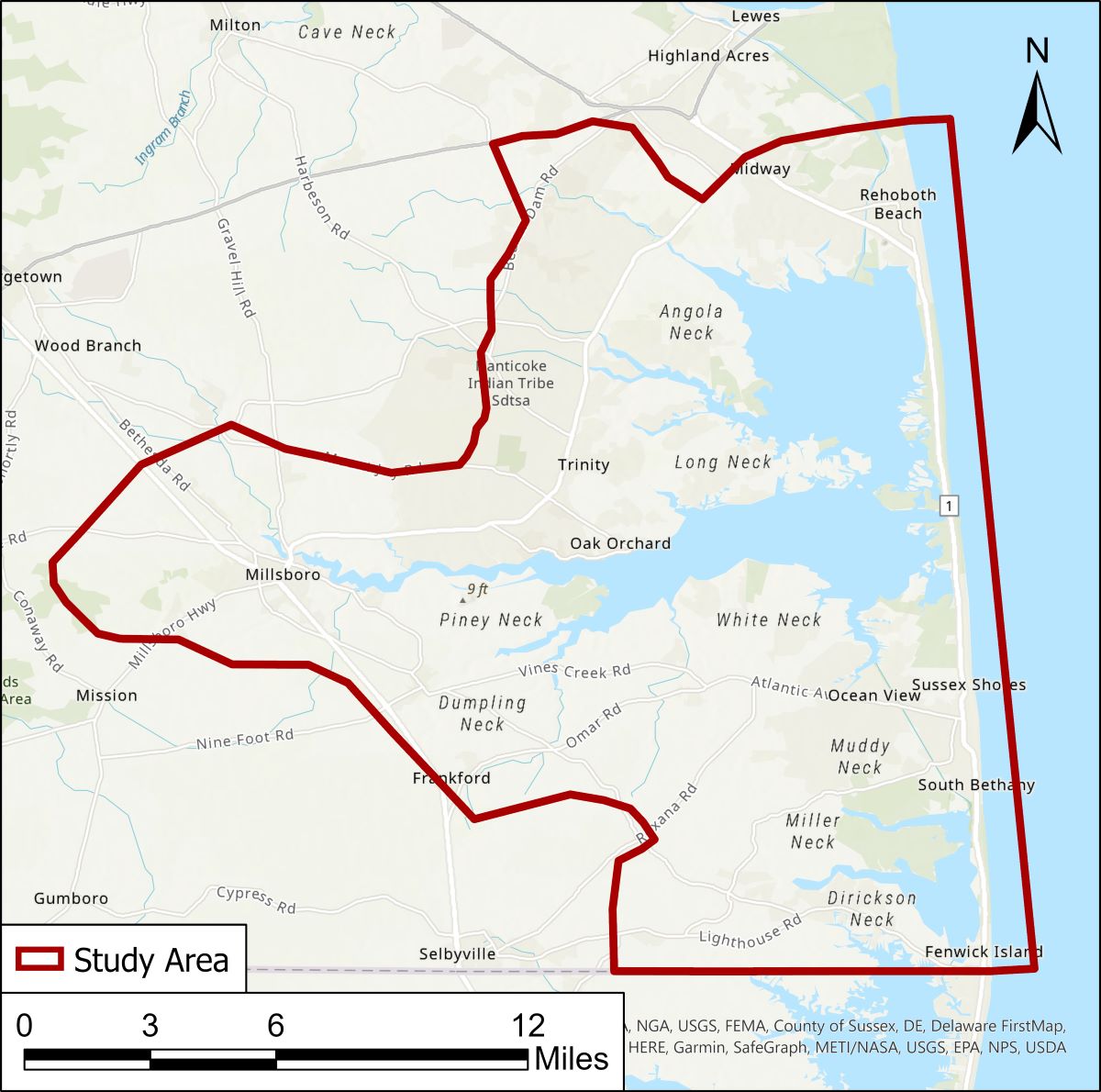 A map of southeastern Sussex Co. Delaware, with a red line drawn around the Inland Bays area.