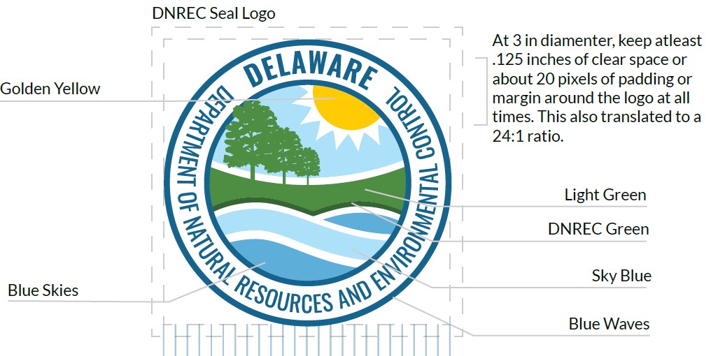 A design detail of the DNREC logo, listing its colors and size specifications.