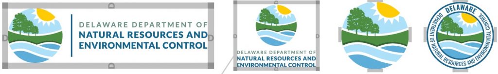 A graphic showing the recommended spacing for various treatments of the DNREC logo.
