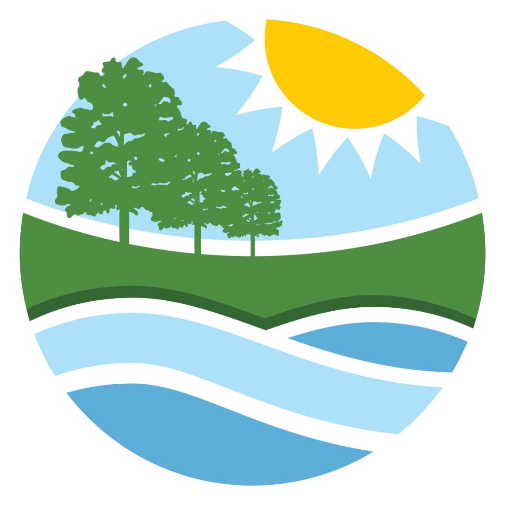 A round graphic showing stylized sun, trees, ground and water.