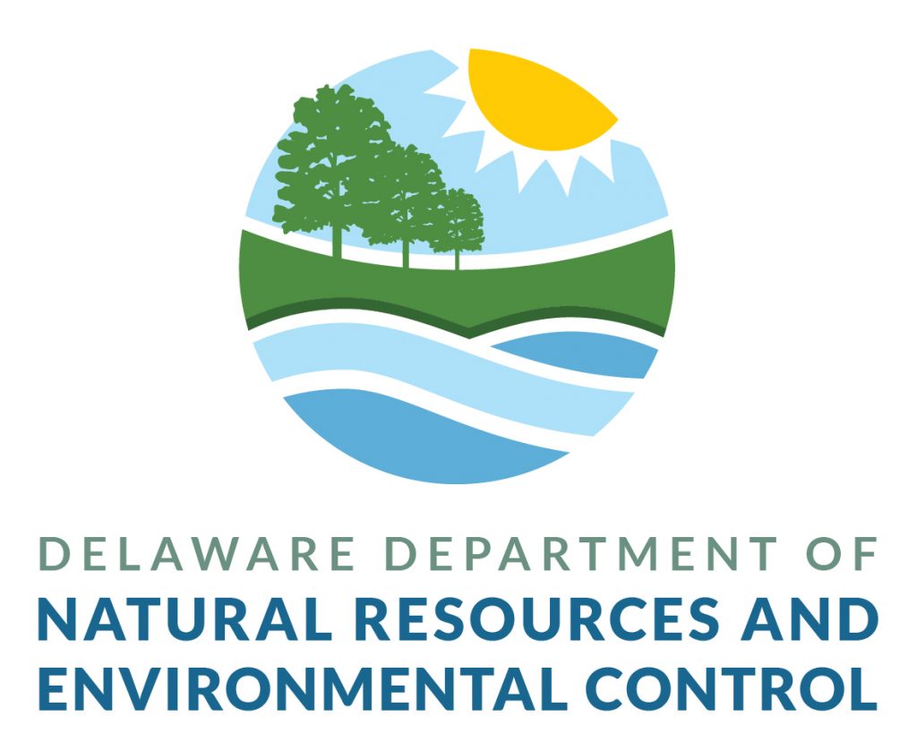 A round graphic showing stylized sun, trees, ground and water with the words Delaware Department of Natural Resources and Environmental Control beneath.